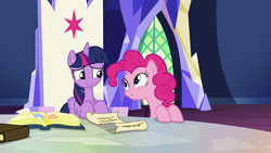 Size: 1280x720 | Tagged: safe, screencap, pinkie pie, twilight sparkle, alicorn, pony, g4, not asking for trouble, book, ribbon, scroll, twilight sparkle (alicorn), twilight's castle