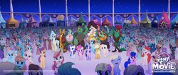 Size: 1200x503 | Tagged: safe, screencap, applejack, boyle, capper dapperpaws, captain celaeno, dawn sunrays, derpy hooves, fluttershy, glitter glow, linky, lix spittle, mullet (g4), pinkie pie, princess skystar, rainbow dash, rarity, shoeshine, squabble, twilight sparkle, alicorn, classical hippogriff, earth pony, hippogriff, parrot pirates, pegasus, pony, unicorn, anthro, g4, my little pony: the movie, anthro with ponies, background pony, background pony audience, canterlot, chest fluff, clone, cowboy hat, female, hat, male, mane six, mare, my little pony logo, pirate, stallion, twilight sparkle (alicorn), unnamed character, unnamed pony