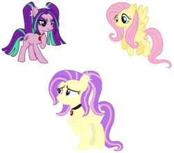 Size: 800x700 | Tagged: safe, artist:celeskumaenoshima, aria blaze, fluttershy, oc, oc:buttercup lilac, g4, crack shipping, female, lesbian, magical lesbian spawn, offspring, parent:aria blaze, parent:fluttershy, parents:ariashy, rarepair, ship:ariashy, shipping