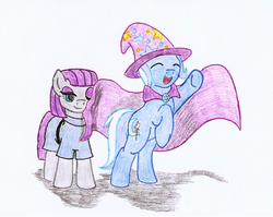 Size: 969x772 | Tagged: safe, artist:jezendar, maud pie, trixie, earth pony, pony, unicorn, g4, clothes, cute, diatrixes, eyes closed, female, lesbian, mare, maudabetes, open mouth, rarepair, ship:mauxie, shipping, smiling, traditional art, when she smiles