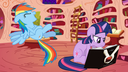 Size: 1024x576 | Tagged: safe, artist:sb1991, rainbow dash, twilight sparkle, pegasus, pony, unicorn, g4, female, frown, golden oaks library, horn, laughing, mare, story included, twilight (series), unicorn twilight