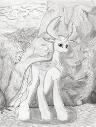 Size: 2991x3926 | Tagged: safe, artist:andandampersand, thorax, changedling, changeling, g4, high res, king thorax, male, monochrome, solo, traditional art