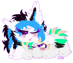 Size: 1024x885 | Tagged: safe, artist:vanillaswirl6, oc, oc only, earth pony, pegasus, pony, blushing, colored sclera, duo, female, fluffy, looking at each other, mare, one eye closed, simple background, sparkles, tongue out, transparent background, wink, ych result