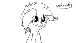 Size: 1366x768 | Tagged: safe, artist:php142, oc, oc only, oc:tiorafa, earth pony, pony, chest fluff, cursive, cute, fluffy, lineart, looking up, male, monochrome, no u, paint tool sai, shoulder fluff, simple background, smiling, solo, text, white background, wip