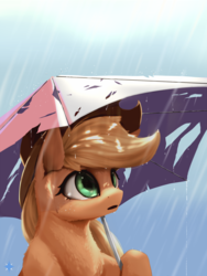 Size: 1079x1432 | Tagged: dead source, safe, artist:noctilucent-arts, applejack, earth pony, pony, g4, female, freckles, hoof hold, mare, open mouth, rain, solo, umbrella