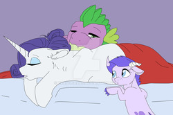 Size: 1024x678 | Tagged: safe, artist:dragondaak, rarity, spike, oc, oc:crystal clarity, dracony, dragon, hybrid, g4, cuddling, female, interspecies offspring, male, offspring, parent:rarity, parent:spike, parents:sparity, preggity, pregnant, ship:sparity, shipping, sleeping, straight, watermark