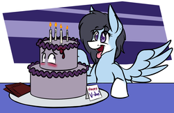 Size: 1093x710 | Tagged: safe, artist:snickerdoodle-mod, oc, oc only, oc:pepci, oc:pepper dust, pegasus, pony, abstract background, blushing, cake, candle, cellular peptide cake (with mint frosting), food, food transformation, imminent vore, inanimate tf, spread wings, tongue out, transformation, wings