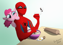 Size: 1949x1397 | Tagged: safe, artist:sukalaap, pinkie pie, g4, baking, fanart mashup challenge, male, signature, spider-man