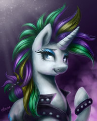 Size: 1024x1276 | Tagged: safe, artist:eternalsubscriber, rarity, g4, it isn't the mane thing about you, alternate hairstyle, female, punk, raripunk, signature, smiling, solo