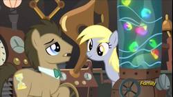 Size: 1278x720 | Tagged: safe, derpy hooves, doctor whooves, time turner, earth pony, pony, g4, slice of life (episode), discovery family logo, doctor whooves' lab, duo, female, flameless fireworks, male, mare, ship:doctorderpy, shipping, stallion, straight