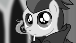 Size: 2870x1614 | Tagged: safe, artist:aaronmk, rumble, pegasus, pony, g4, albert camus, black and white, bust, camus, clothes, existentialism, grayscale, jacket, male, monochrome, noir, popped collar, portrait, smoking, solo, vector