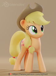Size: 1574x2160 | Tagged: safe, artist:therealdjthed, applejack, earth pony, pony, g4, 3d, 3d model, blender, blender cycles, cowboy hat, cute, cycles render, female, hat, jackabetes, mare, model:djthed, patreon, patreon logo, simple background, smiling, solo
