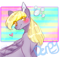 Size: 914x874 | Tagged: safe, artist:lunadarka, derpy hooves, pegasus, pony, g4, abstract background, bubble, female, heart, mare, sitting, smiling, solo, wingding eyes