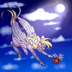 Size: 894x894 | Tagged: safe, artist:slushshe, derpy hooves, pegasus, pony, g4, female, flying, food, mare, moon, muffin, sky, solo, tongue out