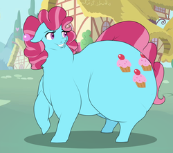 Size: 935x828 | Tagged: safe, artist:astr0zone, cup cake, g4, butt, fat, female, floppy ears, grin, heart, hips, huge butt, impossibly large butt, impossibly large hips, impossibly large thighs, large butt, lidded eyes, looking back, plot, ponyville, raised hoof, smiling, solo, the ass was fat, thick cup cake, thunder thighs, wide hips