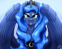 Size: 3500x2750 | Tagged: safe, artist:nexcoyotlgt, princess luna, alicorn, pony, g4, cute, female, high res, looking at you, lunabetes, mare, signature, silly, silly pony, smiling, solo, tongue out