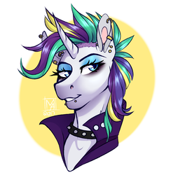Size: 1024x1051 | Tagged: safe, artist:micky-ann, rarity, pony, unicorn, g4, it isn't the mane thing about you, alternate hairstyle, ear piercing, female, mare, piercing, punk, raripunk, short hair, smiling, solo