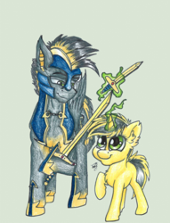 Size: 1280x1676 | Tagged: safe, artist:tillie-tmb, oc, oc only, oc:storm sabre, oc:tempest, pegasus, pony, unicorn, armor, father and daughter, female, filly, magic, male, simple background, stallion, sword, traditional art, weapon