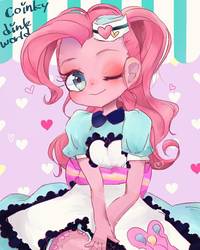 Size: 1024x1280 | Tagged: safe, artist:naginiko, pinkie pie, coinky-dink world, equestria girls, g4, my little pony equestria girls: summertime shorts, apron, clothes, cutie mark on clothes, diner uniform, dress, female, heart, looking at you, one eye closed, pixiv, server pinkie pie, smiling, solo, wink