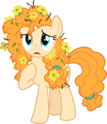 Size: 3000x3489 | Tagged: safe, artist:sollace, pear butter, earth pony, pony, g4, the perfect pear, .svg available, female, flower, flower in hair, high res, open mouth, raised hoof, sad, show accurate, simple background, solo, standing, transparent background, vector