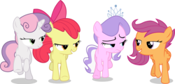 Size: 8050x3900 | Tagged: safe, artist:tomfraggle, apple bloom, diamond tiara, scootaloo, sweetie belle, earth pony, pony, crusaders of the lost mark, g4, absurd resolution, cutie mark crusaders, lidded eyes, light of your cutie mark, running, simple background, transparent background, vector, walking