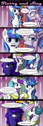 Size: 1438x4200 | Tagged: safe, artist:aschenstern, princess celestia, princess flurry heart, princess luna, shining armor, alicorn, earth pony, pony, unicorn, comic:flurry and stag, g4, armor, comic, crystal guard, crystal guard armor