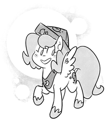 Size: 664x749 | Tagged: safe, artist:egophiliac, princess luna, alicorn, pony, moonstuck, g4, abstract background, cartographer's cap, female, filly, grayscale, hat, monochrome, raised hoof, smiling, solo, spread wings, wings, woona, younger