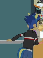 Size: 263x360 | Tagged: safe, screencap, flash sentry, equestria girls, g4, my little pony equestria girls, cropped, fake ears, fake tail, male, rear view, solo