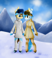 Size: 1024x1138 | Tagged: safe, artist:wintersnowy, oc, oc only, pegasus, anthro, goggles, mountain, skiing, snow
