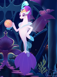 Size: 478x645 | Tagged: safe, screencap, queen novo, seapony (g4), g4, my little pony: the movie, bioluminescent, clothes, colored pupils, coral, crown, eyelashes, female, fin wings, fins, fish tail, jewelry, lidded eyes, open mouth, orb, pearl of transformation, purple eyes, raised eyebrow, regalia, seaquestria, see-through, smiling, solo, tail, throne, underwater, wings