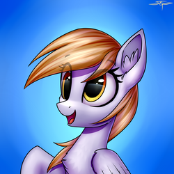 Size: 3000x3000 | Tagged: safe, artist:setharu, derpy hooves, pegasus, pony, g4, bust, chest fluff, cute, derpabetes, ear fluff, female, gradient background, high res, mare, open mouth, raised hoof, signature, smiling, solo