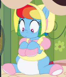 Size: 996x1154 | Tagged: safe, artist:evilfrenzy, rainbow dash, pony, comic:dolly dash, g4, abdl, adult foal, alternate hairstyle, bonnet, booties, clothes, cropped, curly mane, diaper, dress, female, non-baby in diaper, poofy diaper, puffy sleeves, rainbow dash always dresses in style, show accurate, sitting, solo