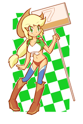 Size: 800x1200 | Tagged: safe, artist:rvceric, applejack, equestria girls, g4, adorasexy, applejack's hat, belly button, boots, breasts, busty applejack, cleavage, clothes, cowboy hat, cute, female, front knot midriff, hat, high heel boots, jackabetes, midriff, panties, race queen, sexy, shoes, sign, smiling, socks, solo, sports panties, stetson, thigh boots, thigh highs, underwear