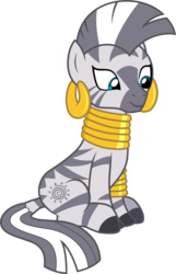 Size: 3001x4662 | Tagged: safe, artist:cloudy glow, zecora, zebra, a health of information, g4, .ai available, bracelet, ear piercing, earring, female, jewelry, neck rings, piercing, quadrupedal, simple background, sitting, smiling, solo, transparent background, vector