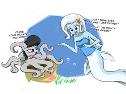 Size: 1385x1037 | Tagged: safe, artist:twilite-sparkleplz, part of a set, octavia melody, trixie, mermaid, monster pony, octopony, octopus, sunset's fantastic fishing, equestria girls, g4, clothes, dialogue, duo, duo female, female, mermaidized, octaviapus, open mouth, part of a series, pointing, sharp teeth, smiling, species swap, teeth, underwater