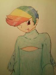 Size: 475x630 | Tagged: artist needed, safe, oc, oc only, oc:icarus, satyr, clothes, crossdressing, keyhole turtleneck, offspring, open-chest sweater, parent:rainbow dash, sweater, tongue out, traditional art, turtleneck