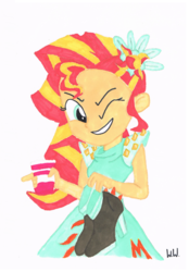 Size: 1625x2338 | Tagged: safe, artist:artofmagicpoland, sunset shimmer, equestria girls, g4, my little pony equestria girls: legend of everfree, crystal gala, cute, female, high heels, one eye closed, shimmerbetes, shoes, solo, wink