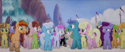 Size: 400x167 | Tagged: safe, screencap, birdcall, cantaloupe (g4), code red, concord grape, glitter glow, nougat praliné, open skies, red delicious, songbird serenade, toadstool blossom, vinny, whinnyfield, earth pony, pegasus, pony, unicorn, g4, my little pony: the movie, animated, animation error, apple family member, background pony, bow, canterlot shopkeep, clothes, female, gif, hair bow, headset, jules winnfield, male, mare, necktie, pulp fiction, race swap, stallion, suit, sunglasses, unnamed character, unnamed pony, vincent vega