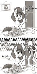 Size: 2304x4608 | Tagged: safe, artist:dsp2003, oc, oc only, oc:brownie bun, oc:richard, earth pony, human, pony, horse wife, bald, cucumber, female, fire extinguisher, food, herbivore, kitchen, knife, leek, male, mare, monochrome, open mouth, screaming, this will end in tears and/or breakfast, tomato, underhoof