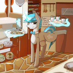 Size: 2000x2000 | Tagged: safe, artist:biepbot, oc, oc only, oc:silver cookie, bakery, cake, cookie, cutie mark, food, high res, kitchen, male, milk, serving, solo, waiter