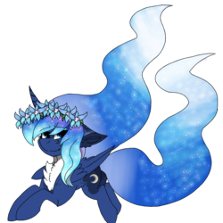 Size: 2560x2560 | Tagged: safe, artist:brokensilence, princess luna, alicorn, pony, g4, alternate design, chest fluff, female, floating, floral head wreath, flower, freckles, high res, simple background, solo