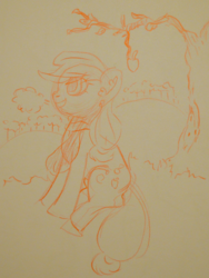 Size: 1352x1800 | Tagged: safe, artist:faience, applejack, earth pony, pony, g4, clothes, female, mare, monochrome, scarf, sitting, sketch, solo, traditional art, wip