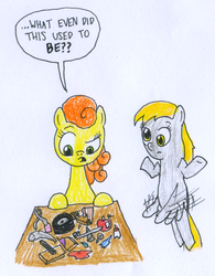 Size: 639x820 | Tagged: safe, artist:rizdub, carrot top, derpy hooves, golden harvest, earth pony, pegasus, pony, g4, duo, traditional art