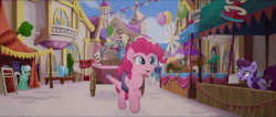 Size: 720x304 | Tagged: safe, screencap, coco crusoe, concord grape, mochaccino, pinkie pie, rare find, sweet strum, earth pony, pony, g4, my little pony: the movie, animated, background pony, canterlot, cart, female, gif, male, mare, market, stallion, unnamed character, unnamed pony