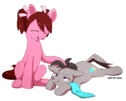 Size: 1024x827 | Tagged: safe, artist:sion, oc, oc only, oc:pace, oc:sparks, earth pony, pony, brother and sister, clothes, female, male, petting, ribbon, scarf, scrunchy face, twins