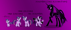 Size: 6057x2556 | Tagged: safe, artist:arkwing, twilight sparkle, alicorn, pony, unicorn, fanfic:my glory, g4, bat wings, corrupted, corrupted twilight sparkle, fanfic, fanfic art, female, filly, foal, high res, purple background, simple background, transformation, twilight sparkle (alicorn), ultimate twilight, unicorn twilight