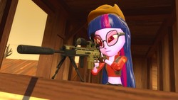 Size: 1920x1080 | Tagged: safe, artist:fivefreddy, twilight sparkle, equestria girls, g4, 3d, belly button, crossover, fn scar, glasses, gmod, gun, hat, midriff, optical sight, rifle, sniper, sniper (tf2), sniper rifle, team fortress 2, twilight sniper, weapon