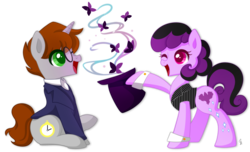 Size: 1024x621 | Tagged: safe, artist:exceru-karina, oc, oc only, oc:orion shadow, oc:raven shadow, butterfly, earth pony, pony, unicorn, female, hat, husband and wife, magic, magician, male, one eye closed, stopwatch, top hat, wink