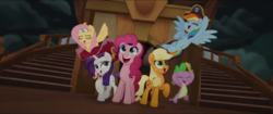 Size: 1280x540 | Tagged: safe, screencap, applejack, fluttershy, pinkie pie, rainbow dash, rarity, spike, dragon, pony, g4, my little pony: the movie, happy