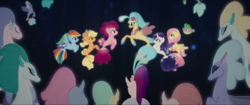 Size: 1280x540 | Tagged: safe, screencap, applejack, fluttershy, pinkie pie, princess skystar, queen novo, rainbow dash, rarity, spike, earth pony, pegasus, puffer fish, seapony (g4), unicorn, g4, my little pony: the movie, applejack's hat, background sea pony, blue eyes, bubble, bust, cowboy hat, crown, cute, dorsal fin, duo, eyelashes, eyes closed, eyeshadow, female, fin, fin wings, fins, fish tail, flower, flower in hair, flowing mane, flowing tail, glowing, hat, horn, jewelry, like mother like daughter, like parent like child, looking at each other, looking at someone, makeup, mare, mother, mother and child, mother and daughter, necklace, ocean, one small thing, open mouth, pearl necklace, portrait, purple eyes, regalia, scales, seaponified, seapony applejack, seapony fluttershy, seapony pinkie pie, seapony rainbow dash, seapony rarity, seaquestria, seashell, seashell necklace, singing, smiling, smiling at each other, species swap, spike the pufferfish, swimming, tail, teeth, underwater, water, wings